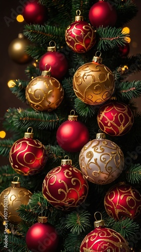 Glowing Christmas tree adorned with red and gold ornaments, sparkling lights creating a festive holiday atmosphere. Perfect for celebrating the Christmas season.