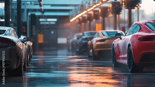 Wallpaper Mural Experience the buzz of a thriving car wash parking lot filled with diverse vehicles under glowing lights Torontodigital.ca