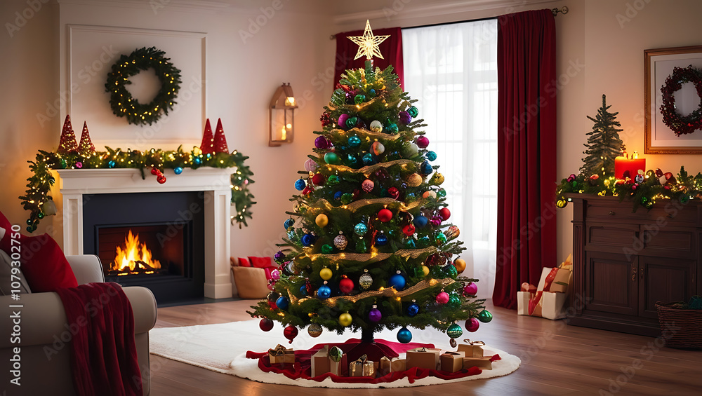 A beautifully decorated Christmas tree stands in a living room with a lit fireplace, presents, and festive decorations. A beautifully decorated Christmas tree stands in a living room with a lit fireplace, presents, and festive decorations.