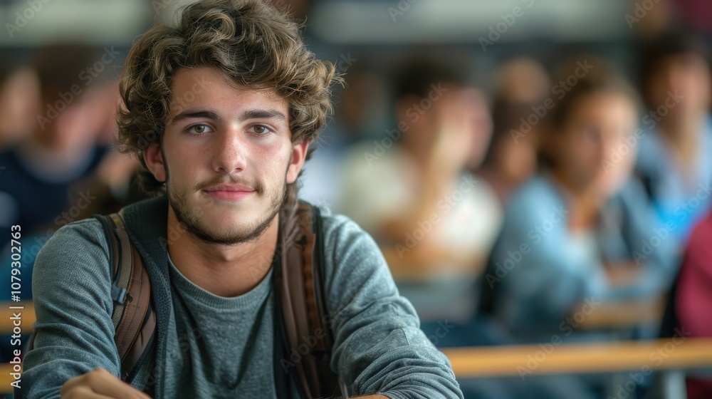 Bright and determined young man, showcasing intelligence and readiness, seated in a university classroom setting Bright and determined young man, showcasing intelligence and readiness, seated in a university classroom setting