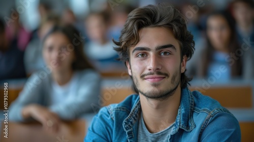 Bright and determined young man, showcasing intelligence and readiness, seated in a university classroom setting