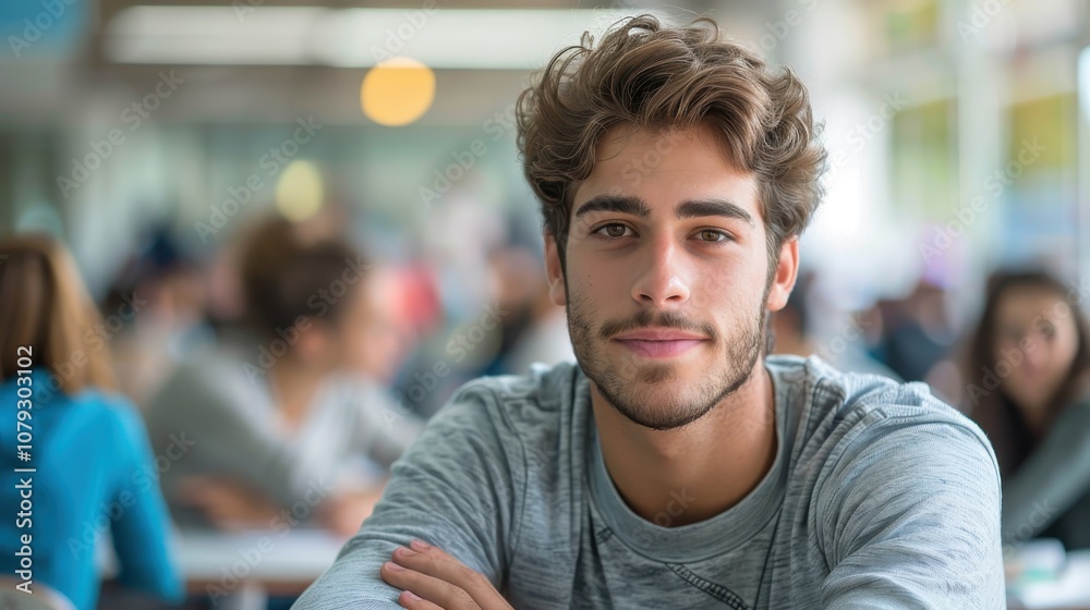 Bright and determined young man, showcasing intelligence and readiness, seated in a university classroom setting Bright and determined young man, showcasing intelligence and readiness, seated in a university classroom setting