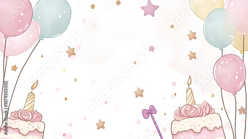 Cake with candles, balloons, cute kids background, illustration, happy birthday card, cute kids background for girls