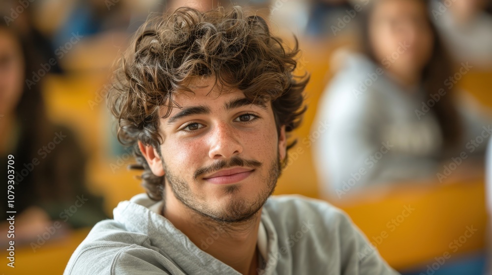 Bright and determined young man, showcasing intelligence and readiness, seated in a university classroom setting Bright and determined young man, showcasing intelligence and readiness, seated in a university classroom setting