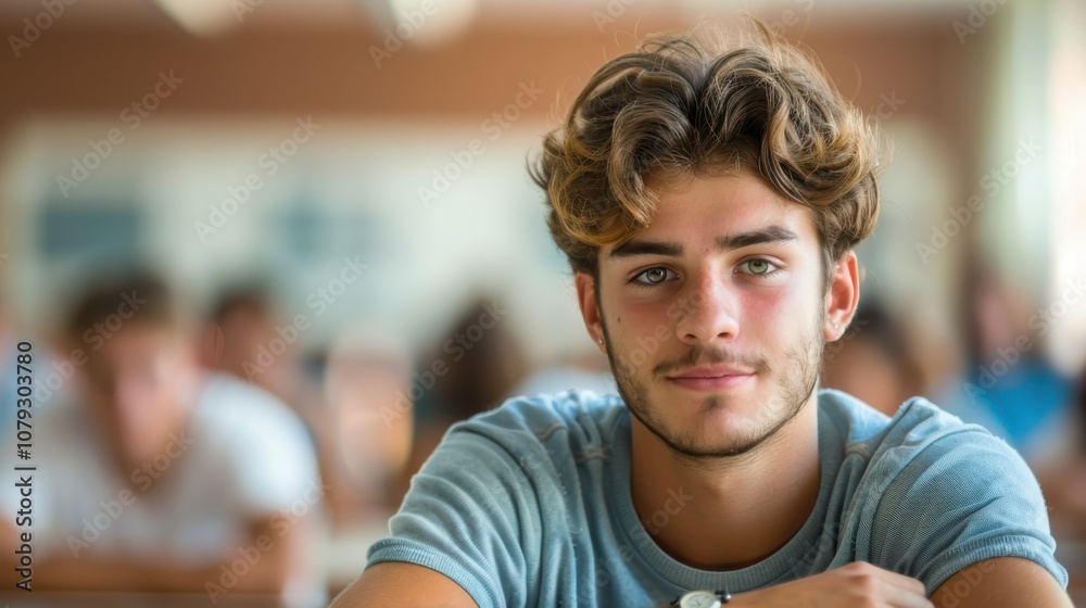 Bright and determined young man, showcasing intelligence and readiness, seated in a university classroom setting