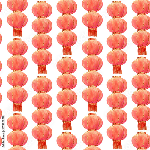 Chinese new year background. Seamless watercolor pattern with red and gold chinese lanterns garland for new year decorations, holidays wrapping paper, wallpaper, holidays textile, fabric