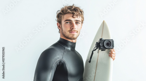Surfer model with gopro camera for adventure and lifestyle photography