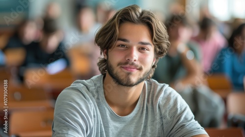 Bright and determined young man, showcasing intelligence and readiness, seated in a university classroom setting