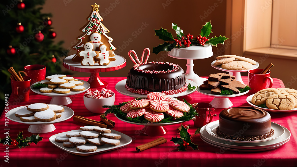 A festive Christmas table setting with an assortment of cookies, cakes, and other holiday treats.