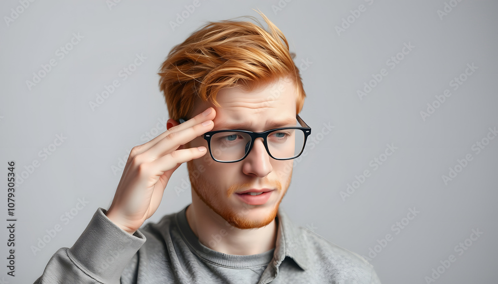 Young irish redhead man wearing casual clothes and glasses touching forehead for illness and fever, flu and cold, virus sick isolated with white highlights, png Young irish redhead man wearing casual clothes and glasses touching forehead for illness and fever, flu and cold, virus sick isolated with white highlights, png