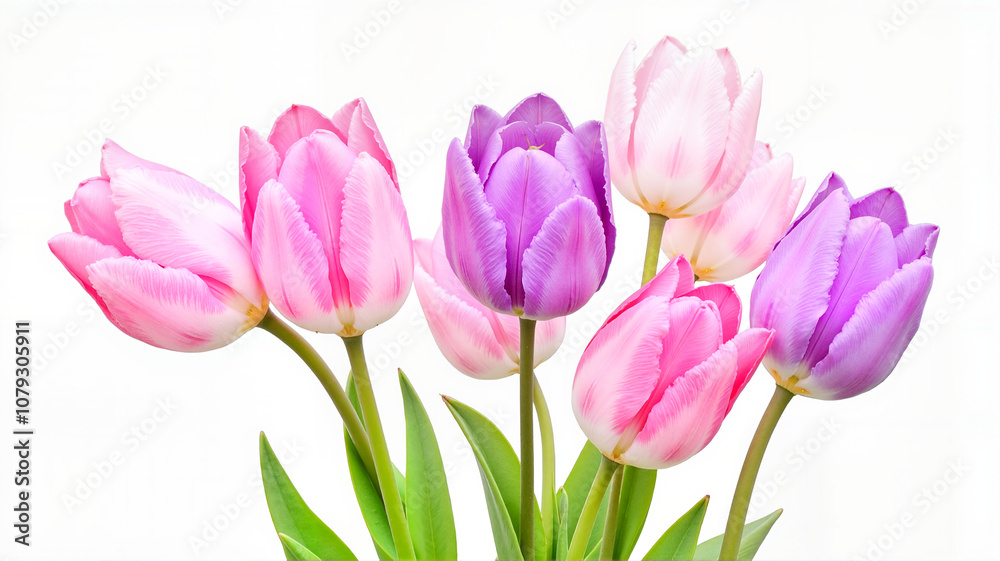 Colorful tulips bouquet in full bloom against white background Colorful tulips bouquet in full bloom against white background