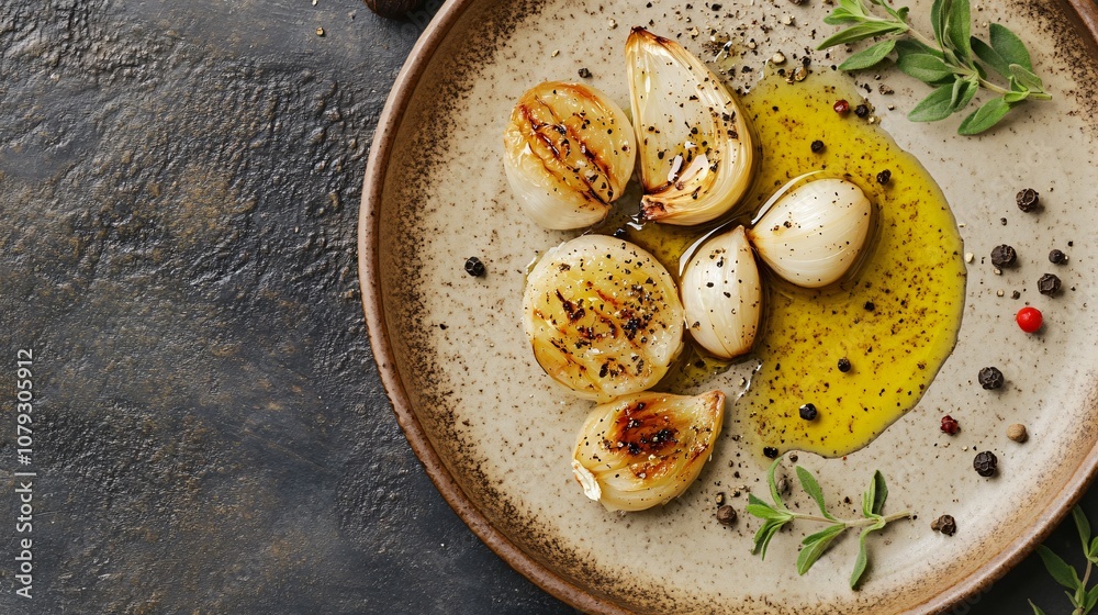 Roasted garlic with olive oil on a rustic serving plate, isolated with decorative herbs and cracked pepper Roasted garlic with olive oil on a rustic serving plate, isolated with decorative herbs and cracked pepper