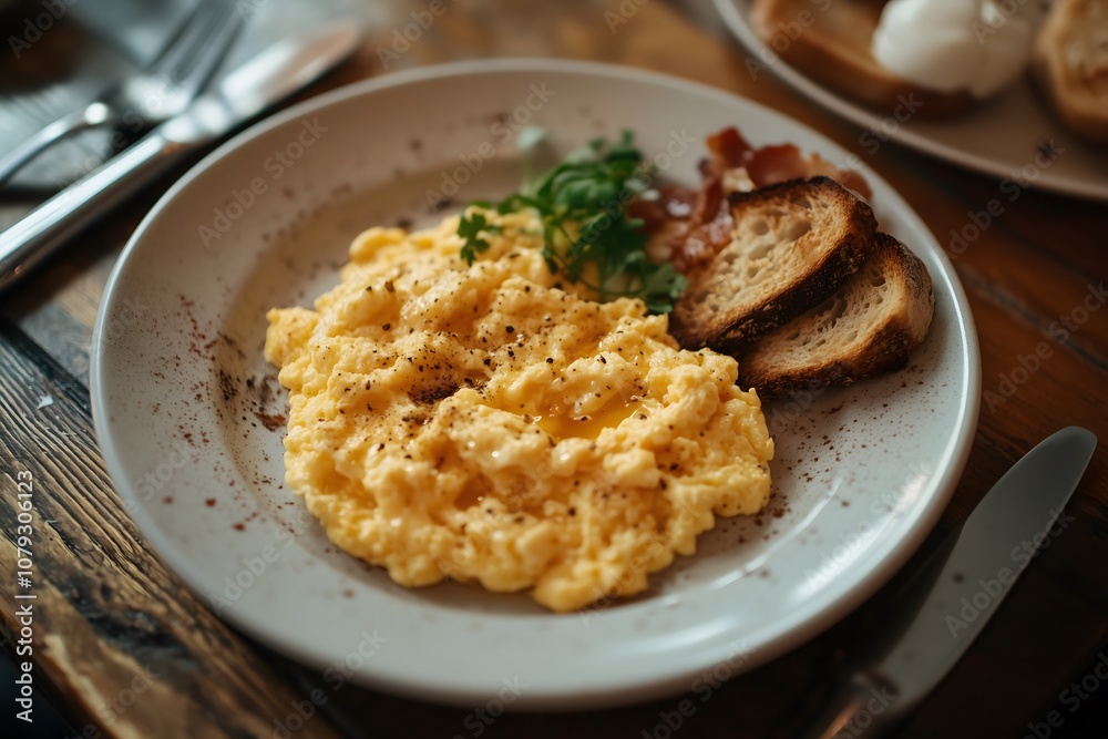 A plate with scrambles eggs, bacon and toasted bread A plate with scrambles eggs, bacon and toasted bread