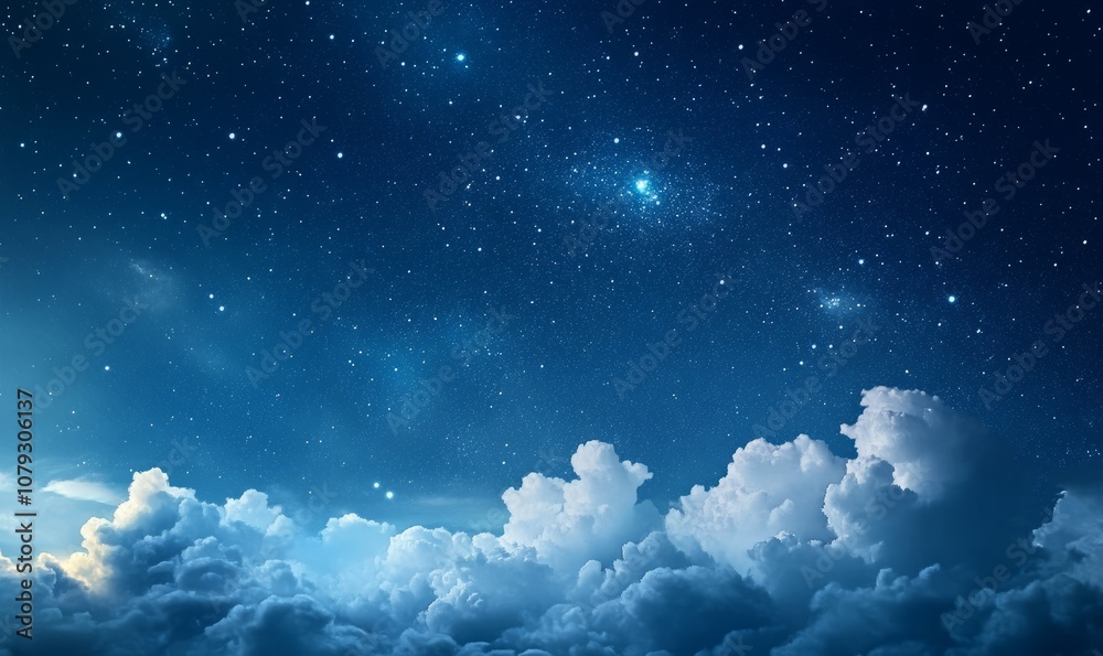 A serene starry night sky depiction, with delicate cloud formations hinting at the vastness of the universe A serene starry night sky depiction, with delicate cloud formations hinting at the vastness of the universe