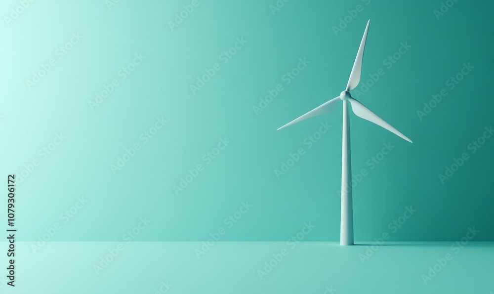 A simple yet powerful image showcasing a minimalist white wind turbine model set against a soft teal background.