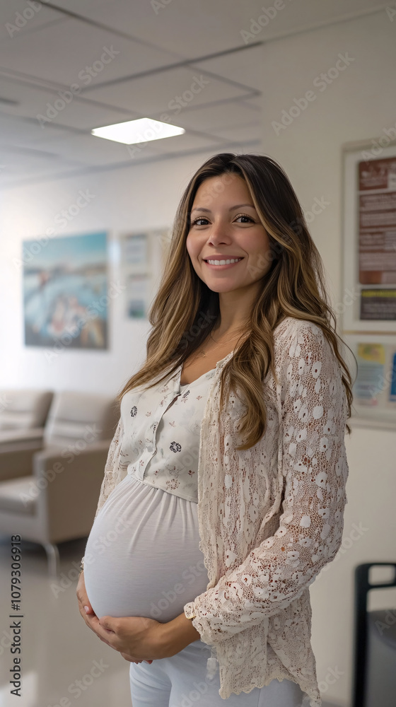 Pregnant woman smiles happily in a casual portrait at the hospital, radiating confidence and beauty. Pregnant woman smiles happily in a casual portrait at the hospital, radiating confidence and beauty.