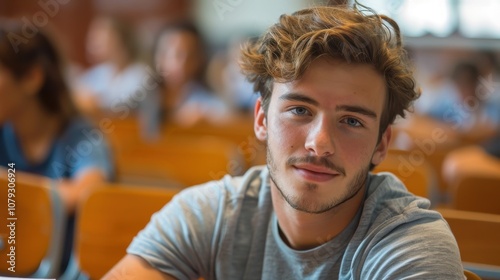 Bright and determined young man, showcasing intelligence and readiness, seated in a university classroom setting