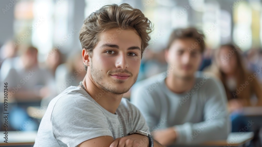 Bright and determined young man, showcasing intelligence and readiness, seated in a university classroom setting Bright and determined young man, showcasing intelligence and readiness, seated in a university classroom setting