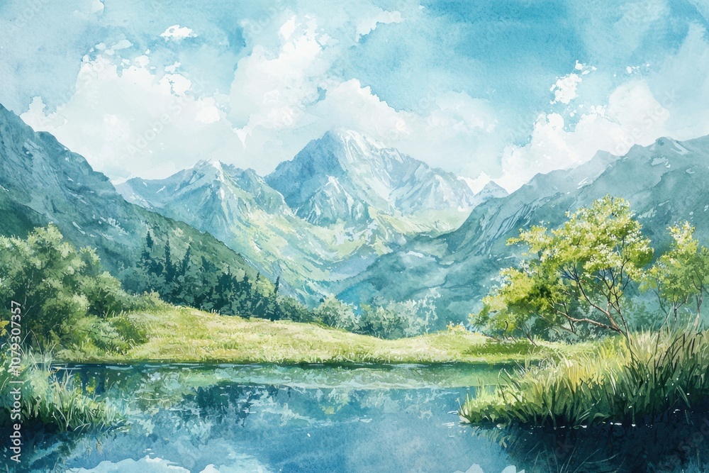 Fototapeta premium A painting of a mountain range with a lake in the foreground