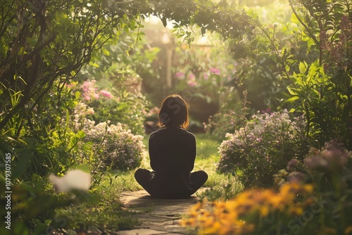 A woman is sitting in a garden, surrounded by flowers and trees