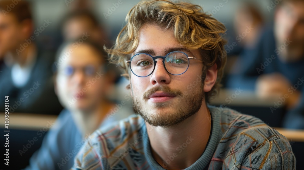 Bright and determined young man, showcasing intelligence and readiness, seated in a university classroom setting Bright and determined young man, showcasing intelligence and readiness, seated in a university classroom setting