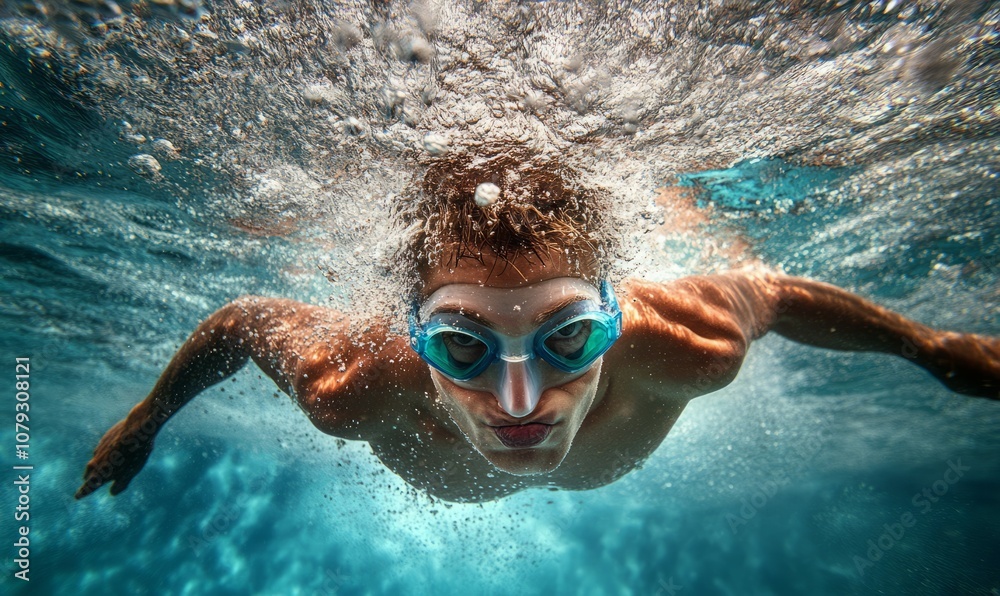 Naklejka premium A hyper-realistic image of a swimmer in mid-stroke, captured from an underwater perspective