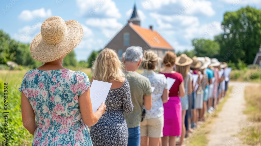 Fototapeta premium A line of individuals stands under a bright blue sky near a charming rural structure, each holding a sheet of paper and wearing summer attire, enjoying the pleasant weather