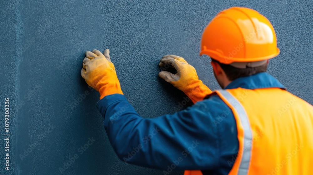 A construction worker wearing a hard hat and gloves examines a textured wall closely. The worker is engaged in quality control, ensuring proper standards on the job site A construction worker wearing a hard hat and gloves examines a textured wall closely. The worker is engaged in quality control, ensuring proper standards on the job site