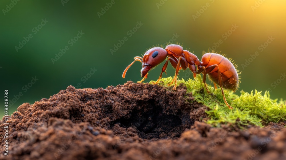 ant navigates its way across a mound of rich, brown soil, surrounded by vibrant green moss as sunlight filters through in a peaceful forest environment ant navigates its way across a mound of rich, brown soil, surrounded by vibrant green moss as sunlight filters through in a peaceful forest environment