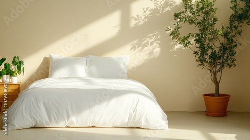 cozy bedroom features a spacious white bed and a potted plant beside it. Soft sunlight filters through the window, creating serene shadows on the wall