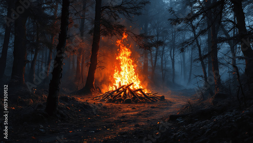 Campfire in a Dark Forest with Mystical Atmosphere