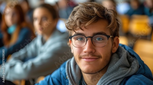 Bright and determined young man, showcasing intelligence and readiness, seated in a university classroom setting