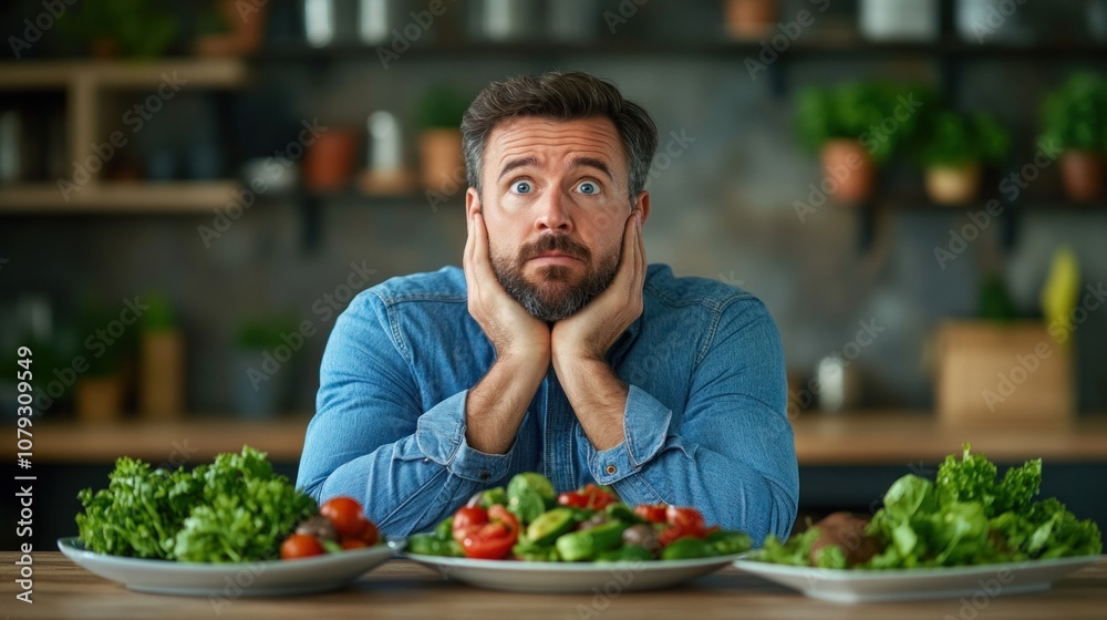 man sits at a wooden table in a welcoming kitchen, feeling overwhelmed as he contemplates a variety of fresh vegetables placed before him. His expression reflects confusion and surprise