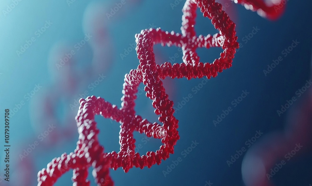 Close-up of a DNA double helix structure with red molecular particles against a blue background, representing genetic science, biology, and biotechnology