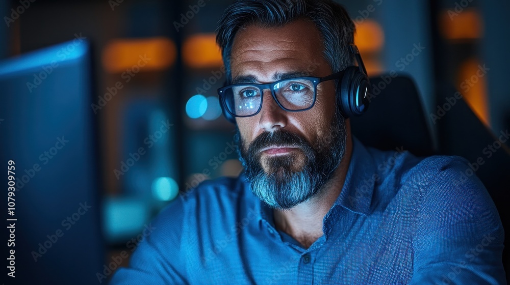 man with a beard and glasses concentrates on his work late at night, immersed in data analysis on his computer screen in a softly lit office atmosphere man with a beard and glasses concentrates on his work late at night, immersed in data analysis on his computer screen in a softly lit office atmosphere