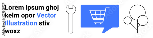Wrench, blue shopping cart in dialogue bubble, three balloons. Ideal for shopping, repair services, celebrations, e-commerce, DIY enthusiasts, online support, marketing. Landing page
