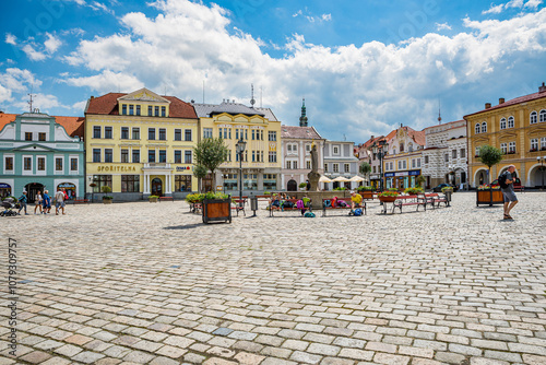 Pelhrimov, Czech republic - July 06, 2022. Main square of small city with picturesque traditional old buildings 