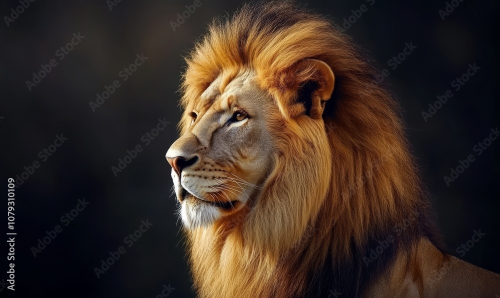 Naklejka premium Close-up portrait of a male lion with a majestic mane, set against a dark, gradient background. The lion's side profile captures its serene, powerful presence.