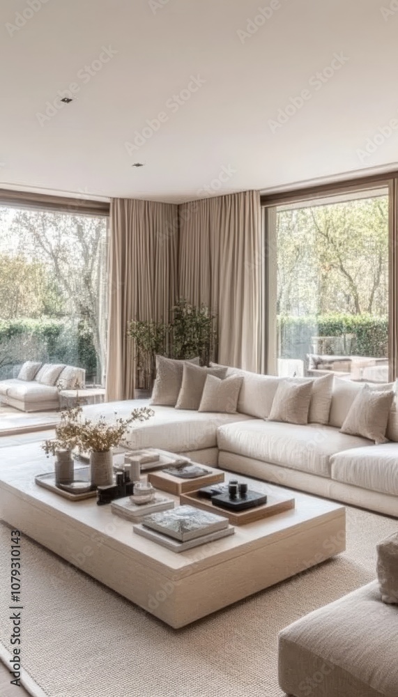 Fototapeta premium Modern Living Room with Neutral Colors, White Sofa, and Large Windows with a Green View.