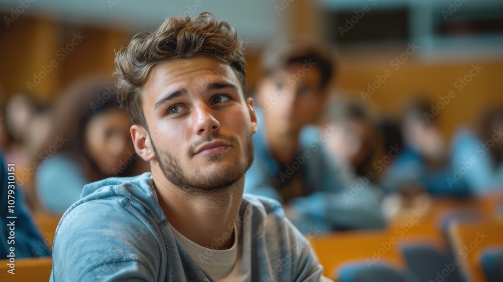 Bright and determined young man, showcasing intelligence and readiness, seated in a university classroom setting Bright and determined young man, showcasing intelligence and readiness, seated in a university classroom setting