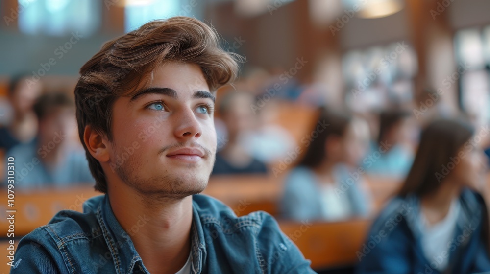 Bright and determined young man, showcasing intelligence and readiness, seated in a university classroom setting Bright and determined young man, showcasing intelligence and readiness, seated in a university classroom setting