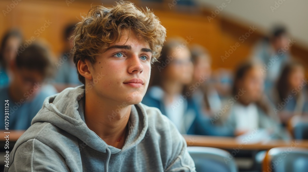 Bright and determined young man, showcasing intelligence and readiness, seated in a university classroom setting Bright and determined young man, showcasing intelligence and readiness, seated in a university classroom setting