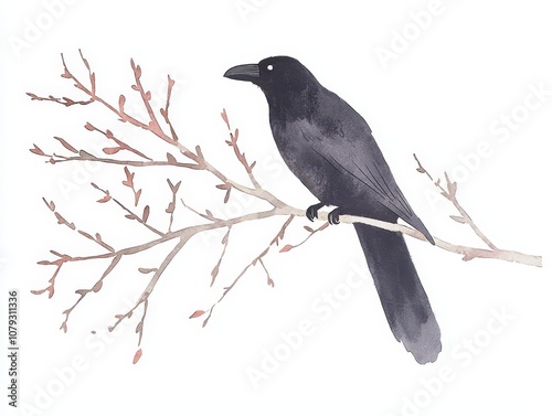 A graceful black crow perched on a slender branch with budding flowers, showcasing a serene natural setting. photo