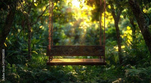 Wooden swing in a lush green jungle setting.