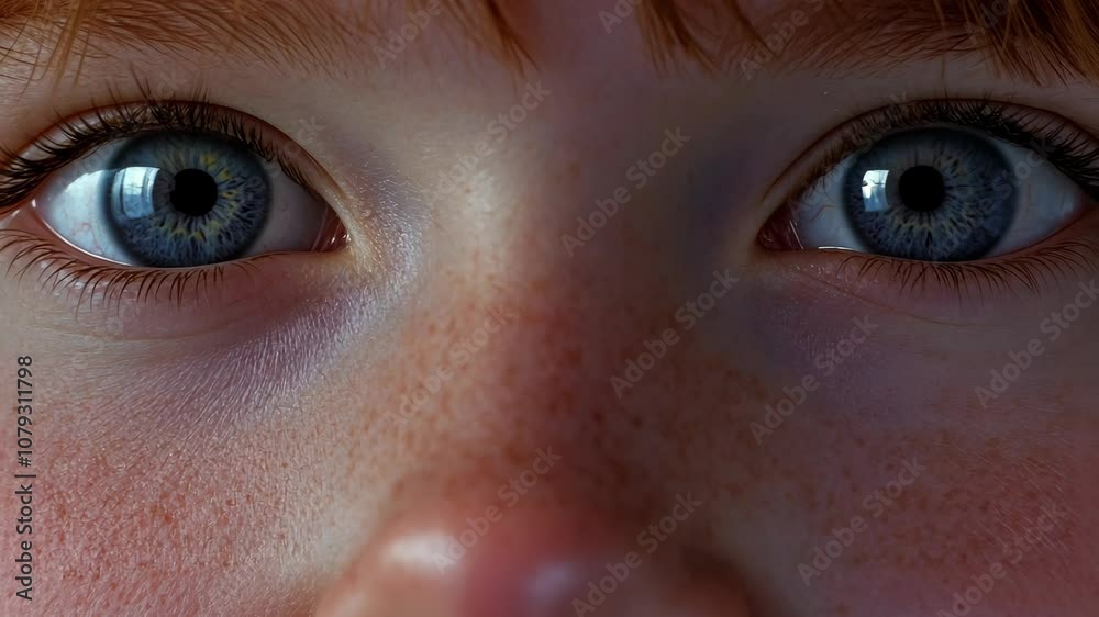 A close-up shot of a child's eyes, with bright blue irises and a hint of freckles on the face