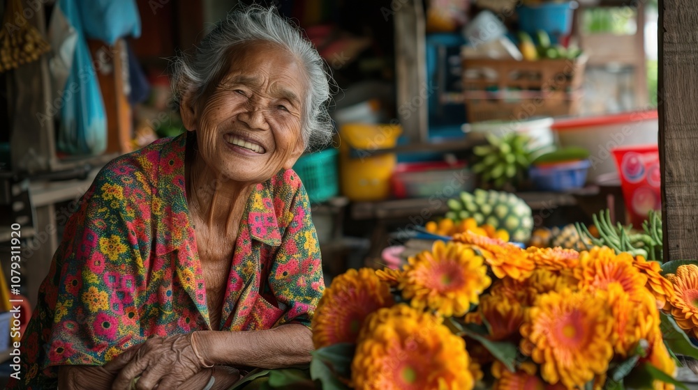 Against vibrant backgrounds, a dignified grandma's peaceful smile radiates with the serenity and fulfillment of a life well-lived Against vibrant backgrounds, a dignified grandma's peaceful smile radiates with the serenity and fulfillment of a life well-lived