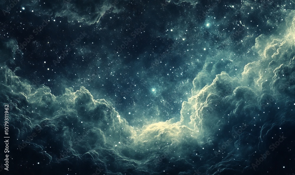 Fototapeta premium A serene starry night sky depiction, with delicate cloud formations hinting at the vastness of the universe