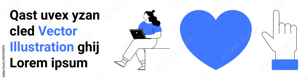 Woman sitting with laptop, large blue heart, and pointing hand symbol near text block Ideal for education, technology, design, user interface, websites, social media, tutorials Landing page Woman sitting with laptop, large blue heart, and pointing hand symbol near text block Ideal for education, technology, design, user interface, websites, social media, tutorials Landing page