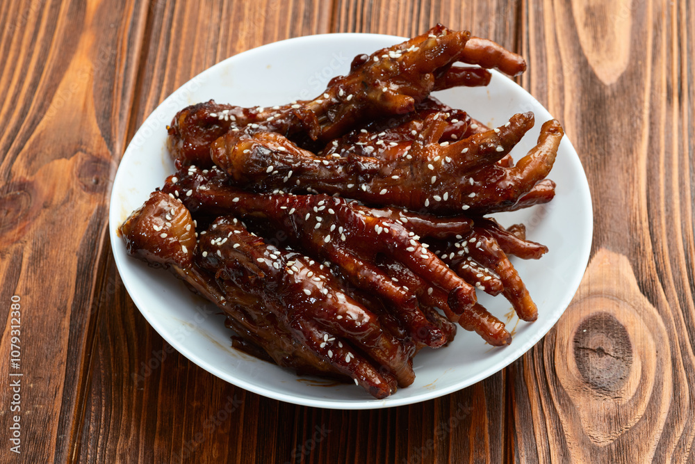 Caramelized korean or Chinese chicken foots ( paws ) with sesame . Top view Caramelized korean or Chinese chicken foots ( paws ) with sesame . Top view