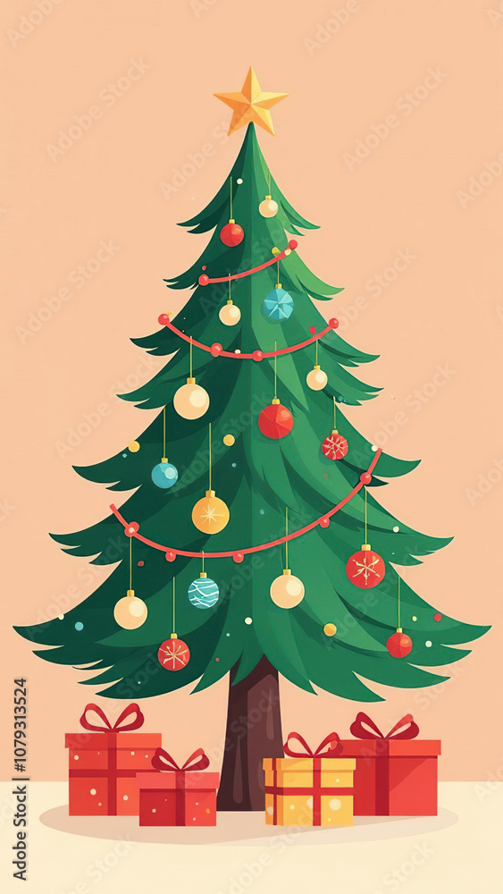 Christmas tree on a beige background, gold star on top, multi-colored garland, red and yellow gifts, vertical illustration Christmas tree on a beige background, gold star on top, multi-colored garland, red and yellow gifts, vertical illustration